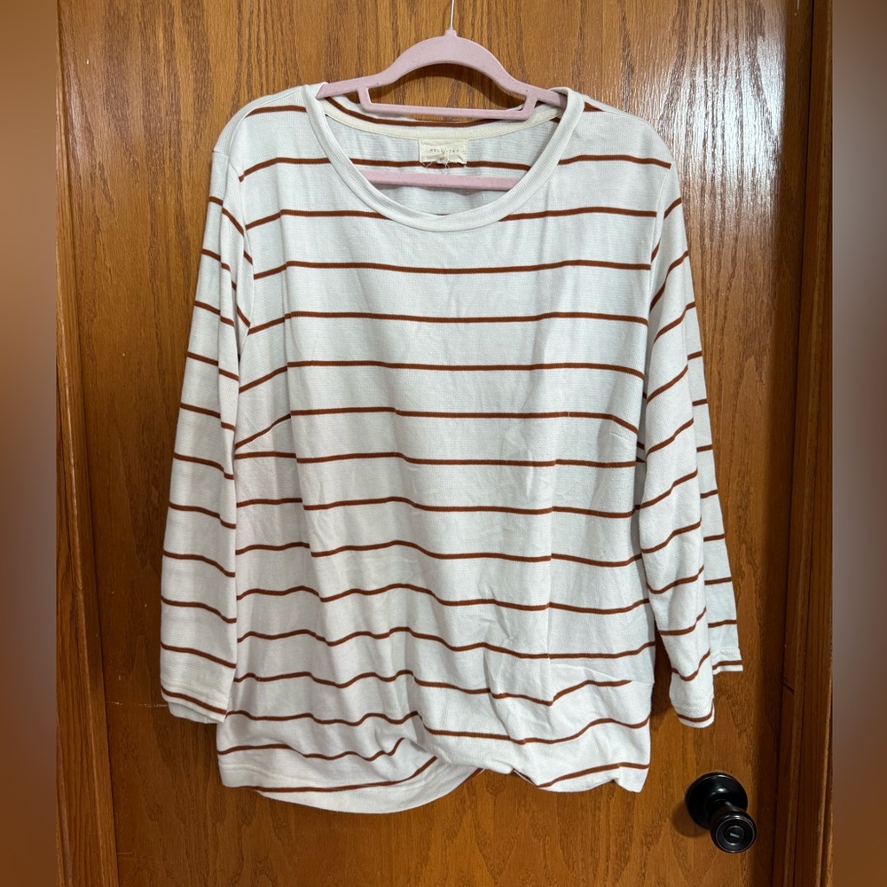 MELLODAY size 3X White and Brown Striped Long Sleeve Top